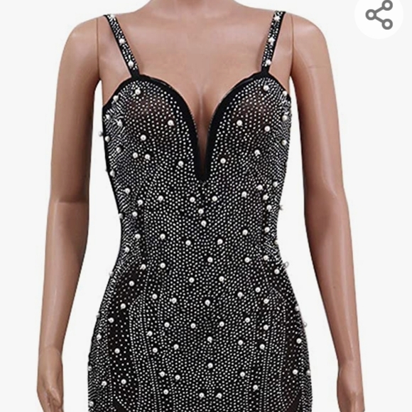 Rhinestone and pearl V-Neck Spaghetti Strap Bodycon Mini Dress. BRAND NEW - Picture 2 of 4